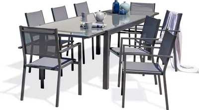 Image de Ensemble repas 8 à 12 places en aluminium et plateau verre