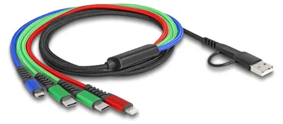 Produktbild von DeLOCK USB Ladekabel 4 in 1 USB Typ-A + USB-C zu Lightning / Micro USB / 2 x USB Type-C 1,20 m, 1,2 m, USB A/USB C, USB C/Micro-USB B/Lightning, USB 2.0, Schwarz, Blau, Grün, Rot