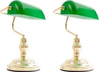 Produktbild von 2er Set Antike Schreibtischlampen aus Messing mit grünem Glas