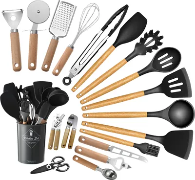 Produktbild von Küchensets, Kochsets 18 teilig, BPA freies Kochgeschirr mit Holzgriffen (spülmaschinenfest), Küchenzubehör