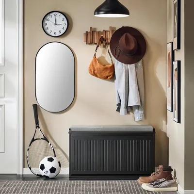 Image de Armoire à chaussures et banc - FSR98-L - Porte rabattable - Coussin d'assise - Banc avec espace de rangement - env. 80x45x26 cm - Noir