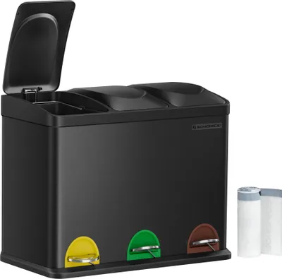 Produktbild von Mülleimer für die Küche, Abfallbehälter, 45 Liter, Abfalleimer mit Inneneimer, Mülltrennsystem, Treteimer aus Edelstahl, 3 x 15 Liter, schwarz LTB45B
