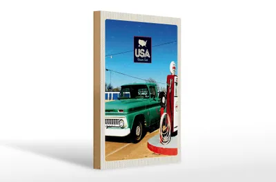 Produktbild von Holzschild Reise 20x30cm Amerika Oldtimer Tanksäule PKW