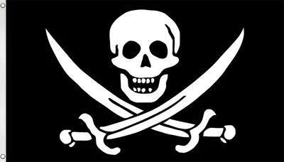 A pirate flag with a skull and crossbones and two swords.
