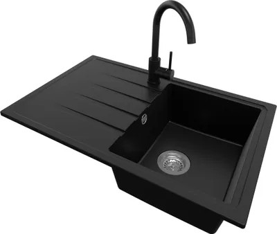 Produktbild von PRIMAGRAN Granitspüle Schwarz 78x50cm, Spülbecken 1 Becken + Küchenarmatur 32x20cm + Ablauf-Set, Küchenspüle ab 45er Unterschrank - Mailand