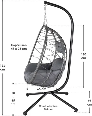 Produktbild von Juskys Hängesessel Aria mit Kissen - höhenverstellbar & faltbar - Polyrattan Hängeschaukel Outdoor & Indoor - Korbhängesessel bis 130kg Dunkelgrau