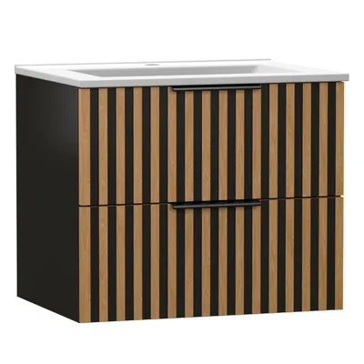 Produktbild von Waschbeckenunterschrank mit Keramik Waschbecken MERU Schwarz Eiche Natural 60 x 50 x 46 cm Softclose Badschrank mit 2 Schubladen Badezimmer