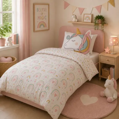Produktbild von Kinder Bettwäsche Set 135x200 80x80 cm süße Unicorn Einhorn Bettwäsche, 2 teilig, Renforcé aus 100% Baumwolle mit Reißverschluss