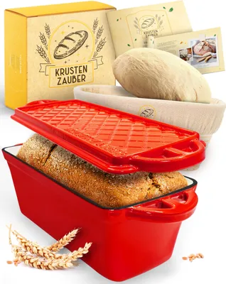 Produktbild von KRUSTENZAUBER Emaille Brotbackfrom mit Deckel inkl. Gärkorb - Robuste 28cm Backform aus Gusseisen - Ideal als Kastenform, Toastbrot Backform