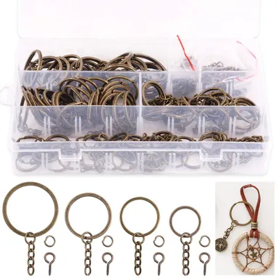 Produktbild von Schlüsselring-Set mit Kette und Schraubösen - Vernickelt für Bastelarbeiten und Schmuckherstellung - 300 Stück in 4 verschiedenen Größen