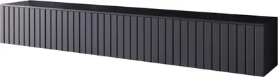 A long, black TV lowboard with a fluted front.