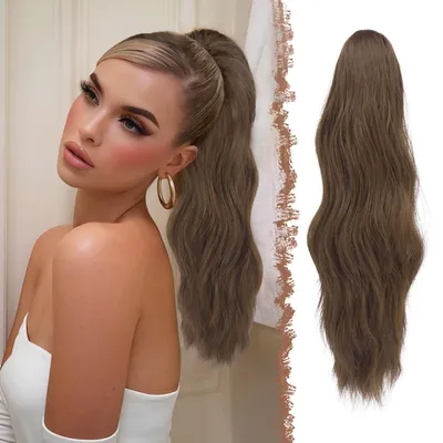 Image de Postiche de queue de cheval ondulée avec clip, 50 cm, extension de cheveux synthétiques pour femmes, couleur marron