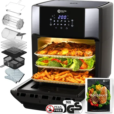 Produktbild von Balter Heißluftfritteuse 12L mit Sichtfenster, 1800W, Minibackofen, Airfryer, ohne Öl, 10 Programme, Touch-Display, 100 Rezepte, Edelstahl, Schwarz