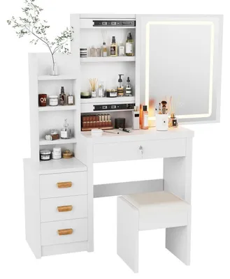 Immagine prodotto di Comò da trucco con specchio e sgabello, illuminazione LED, 3 colori, 4 cassetti, bianco