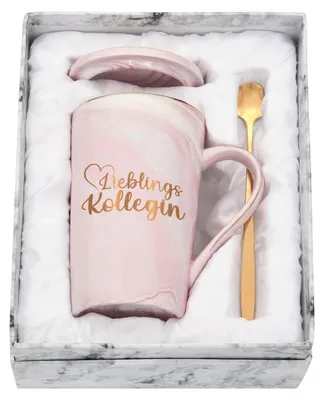 Productafbeelding van Koffiekop collega afscheidscadeau 400ml, roze marmerlook, met lepel en onderzetter