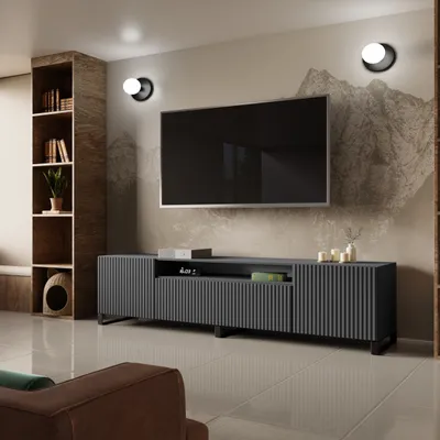 Produktbild von TV-Schrank Noe III Fernsehschrank TV-Lowboard 200 cm vertikal gefräste Fronten modernes Design dreitürig Wohnzimmer (Farbe: graphit, graphit)