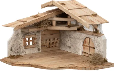 Produktbild von Große Weihnachtskrippe | aus Holz und Gips gefertigt | mit Moos, Steinen und Stroh geschmückt | sehr detailreiche Krippe (ca. 38,5 x 38,5 x 29 cm (BxTxH))