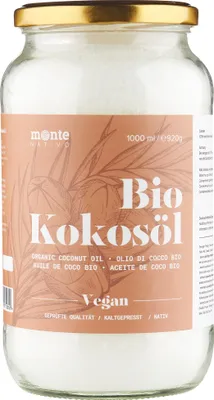Produktbild von Kokosöl Monte Nativo 1000ml (1L) - Coconut Oil - Kokosnussöl in Rohkostqualität - Reines Kokosfett - Kokosöl nativ kaltgepresst zum Kochen, Braten und Backen, für die Haare, Zähne und Haut
