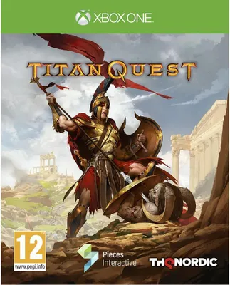 Cover art for the video game Titan Quest, featuring a warrior in armor battling a mythical creature.