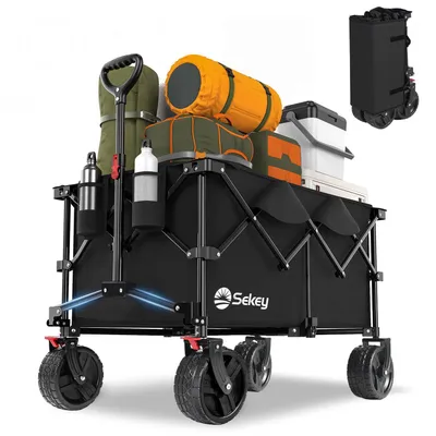 Produktbild von Sekey XXL 200KG Belastbar Bollerwagen Faltbar mit Spanngurte, 17x10 cm Extra Breite Reifen, Schwarz