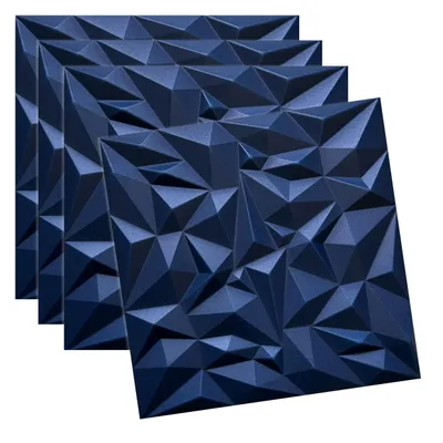 A stack of four dark blue 3D wall panels with a geometric, faceted design, presented on a white background.