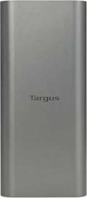 A close-up, top-down view of a gray Targus power bank.