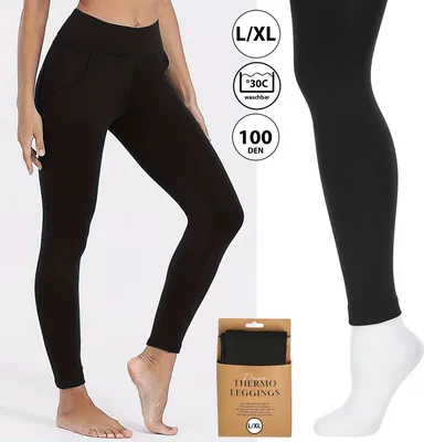 Produktbild von Damen Thermoleggings mit Taschen L/XL schwarz 100 DEN Polyester Elasthan Leggings Thermohose elastisch warm