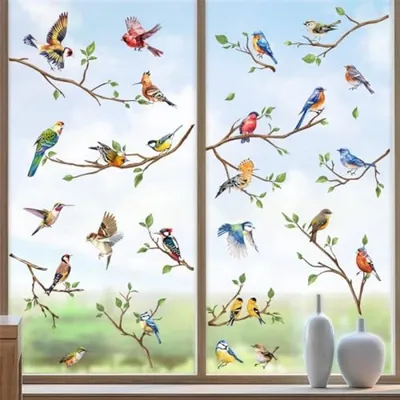 Produktbild von PolkaHome® Fensteraufkleber-Set – Frühling und Sommer Thema mit Vögeln und Baumzweigen – 8 Stück, 21 x 30 cm, doppelseitig, wiederverwendbar