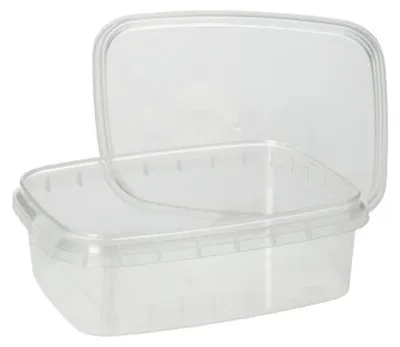 Produktbild von 50 Feinkostbecher, PP eckig 200 ml 3,5 cm x 8,6 cm x 10,9 cm transparent mit Originalitätsverschluss