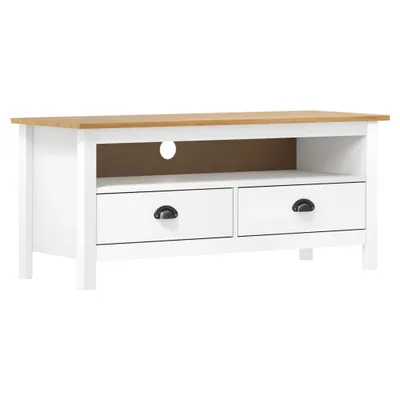 A white TV stand with a wooden top and two drawers, shown against a white background.