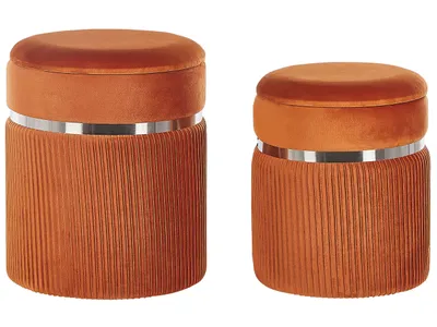 Produktbild von BELIANI Pouf Orange 2er Set Samtstoff mit Stauraum rund glänzende Metallverzierung Flur Wohnzimmer Salon Schlafzimmer Deko Sitzhocker