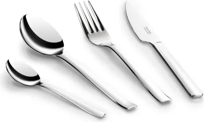 A set of four stainless steel cutlery items, including two spoons, a fork, and a knife, arranged diagonally on a white background.