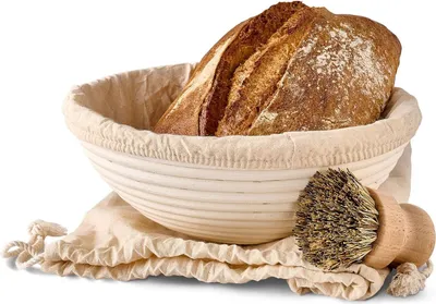 Produktbild von Gärkorb zum Brotbacken - Aus nachhaltigem Rattan - Rund - 25cm - Set inkl. Bürste, Leineneinlage & Brotbeutel - Geruchsneutral