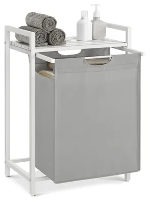 Produktbild von Wäschekorb mit Ablage, Wäschesammler aus Oxford-Gewebe, Metallrahmen, 65 L, 50 x 33 x 72 cm, taubengrau-mattweiß