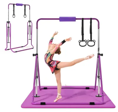 Produktbild von Turnreck Kinder Gymnastikstange - Höhenverstellbar - Klappbar - Mit Turnmatte - Bis 63,5 kg Tragkraft - Für Zuhause Indoor und Outdoor - Lila