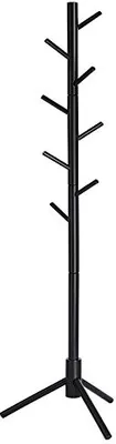 A black coat rack with a tripod base and multiple branches for hanging items.