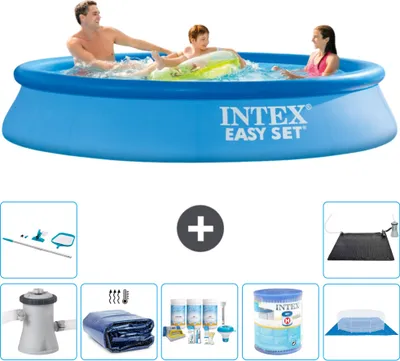 Produktbild von Intex runder aufblasbarer Easy Set-Schwimmpool – 305 x 61 cm – Blau – inklusive Pumpe Sonnensegel - Wartungspaket - Filter - Bodenplane - Reinigungskit - Solarmatte