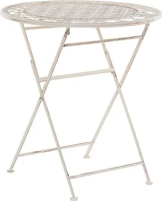 A white, round, foldable metal garden table with an ornate, patterned tabletop and criss-crossing legs.