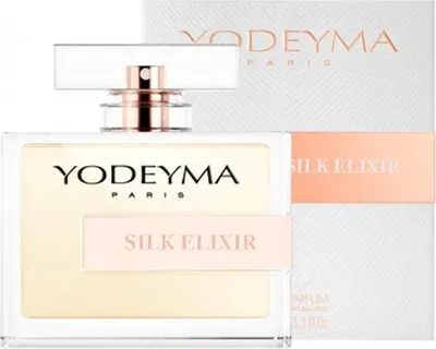 A product shot of a YODEYMA Silk Elixir perfume bottle and its packaging.