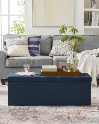 Image de SONGMICS 110 cm Banc avec espace de rangement, coffre de siège pliable, repose-pieds, bleu foncé