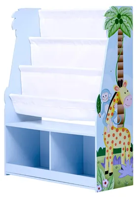 Kinder-Bücherregal Holz, Safari-Design, 2 Fächer + 4 Taschen, 79,5x60,5x23,5 cm