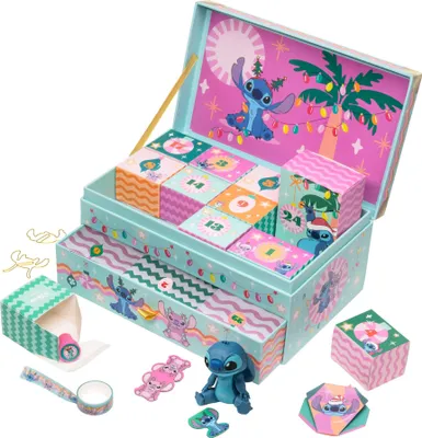 A Lilo & Stitch themed advent calendar keepsake box filled with small gifts and decorations.