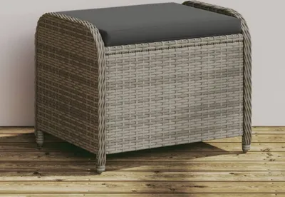 Produktbild von Design Gartenhocker mit Kissen Grau 58x46x46 cm Poly Rattan, Gartenhocker 2024 Neu