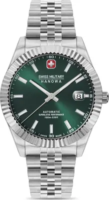 A close-up studio shot of a Swiss Military Hanowa men's automatic watch with a green dial and silver metal band.