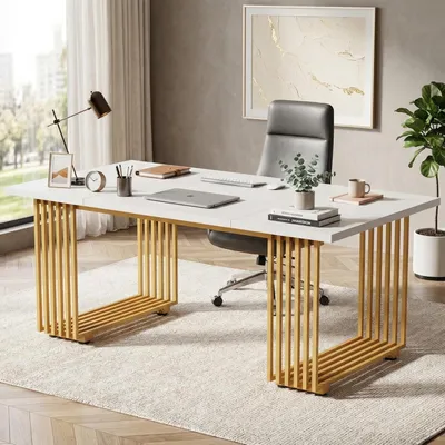 Immagine prodotto di Scrivania – Ampia scrivania da lavoro – Tavolo da gioco – Scrivania per ufficio – 180 cm – Bianca con dettagli dorati