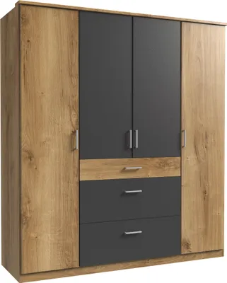 Produktbild von Kleiderschrank "Click" aus Spanplatte in Plankeneiche-Nachbildung mit 3 Schubladen und 4 Türen. Abmessungen (B/H/T) 180x198x58 cm