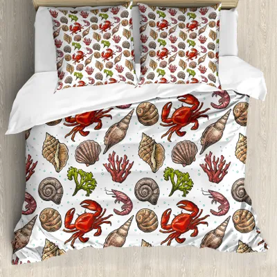 Produktbild von ABAKUHAUS Sea Shells Bettbezug, Maritime Garnelen, Milbensicher Allergiker geeignet mit Kissenbezügen, 155 cm x 220 cm - 80 x 80 cm, Mehrfarbig