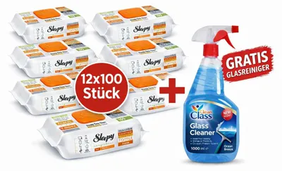 Produktbild von Sleepy Easy Clean Oberflächenreinigungstücher – 12x100 Orange + Glasreiniger GRATIS
