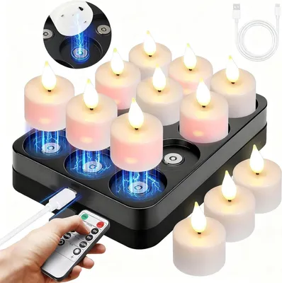 Productafbeelding van 12 LED-kaarsen met aansteker, timer, afstandsbediening, oplaadstation en theelichtfunctie, oplaadbaar