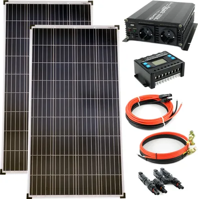 Produktbild von Solar Set 12V 2x130 Watt Poly Solarpanel Kabel Wechselrichter 1000W Solaranlage PV